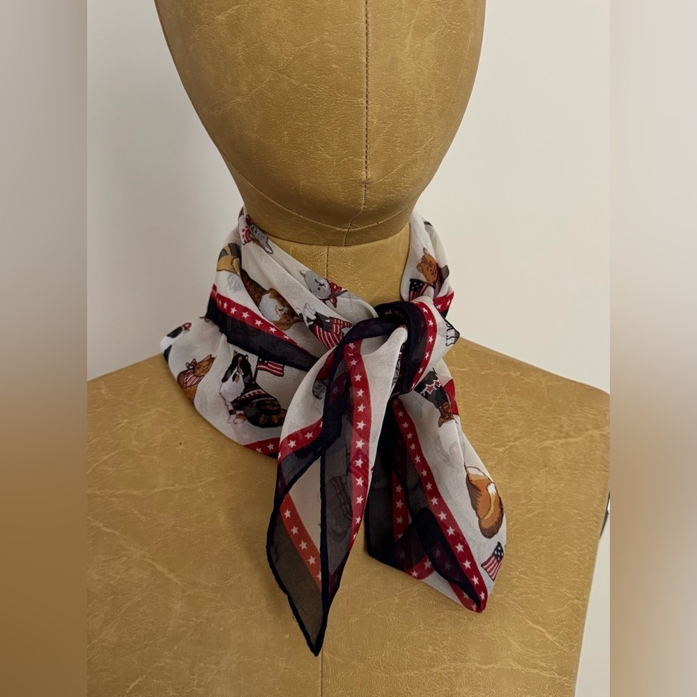 Cat Print Scarf with US Flags, Red and Black Trim
